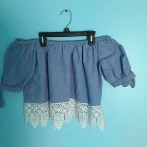 Denim and lace off the shoulder cropped top